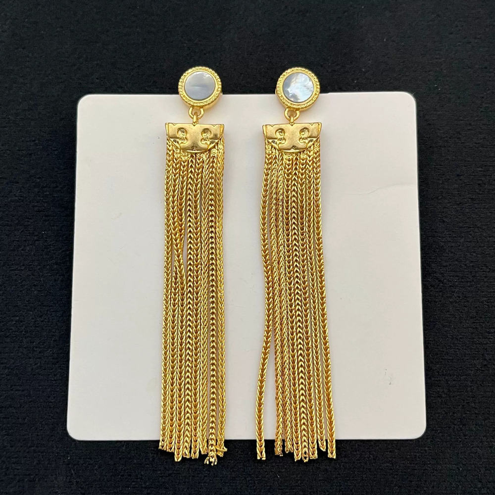 Tory Burch Long Shell Inlay Chain Tassel Gold Earrings